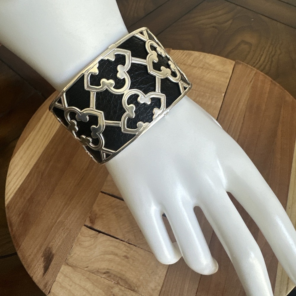 Brighton Christo Toledo Wide Cuff Bracelet 6.75 Inch Open Black Leather Silver‎